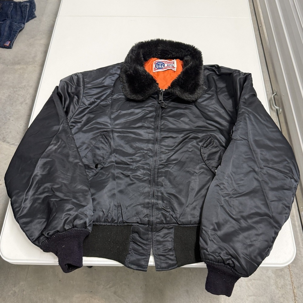 UPC Bomber flyers Jacket Mens XL Black Vintage Faux Fur Collar Made in USA